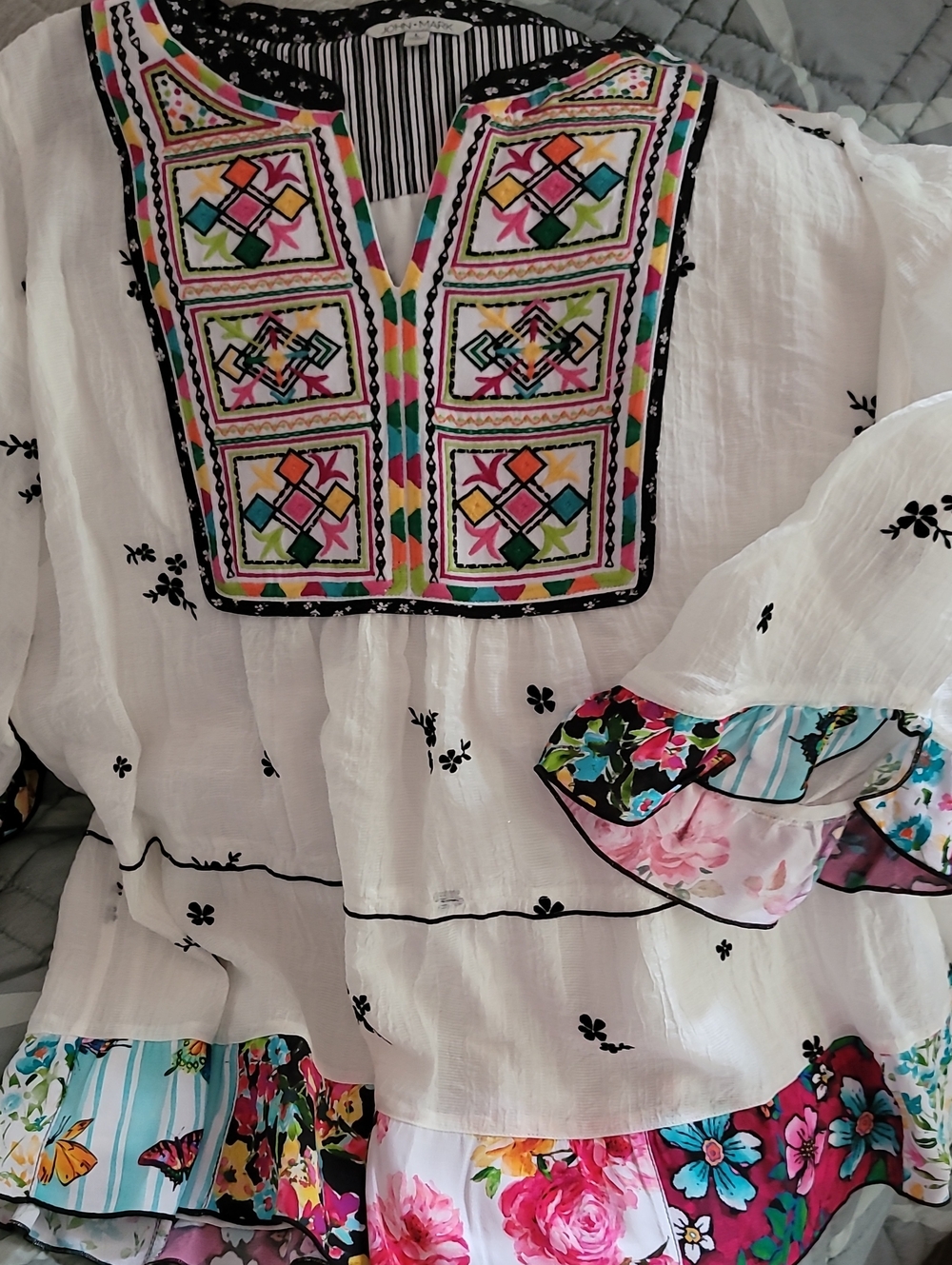 John Mark Women's White Boho Top with Multicolor Embroidery and Floral Trim